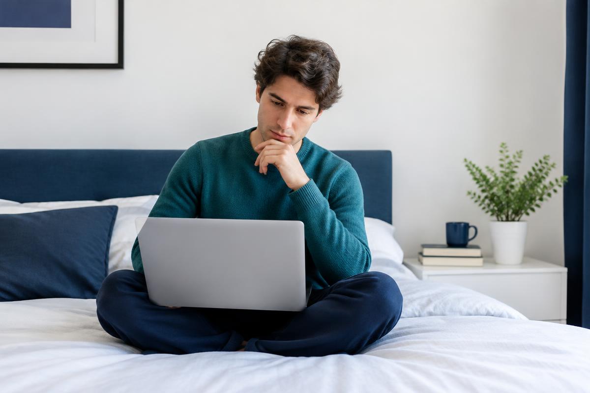 A man reading about personal loans on a laptop at home