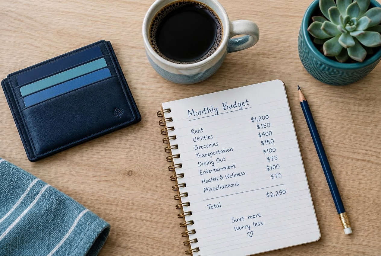 A wallet with credit cards next to a handwritten monthly budget