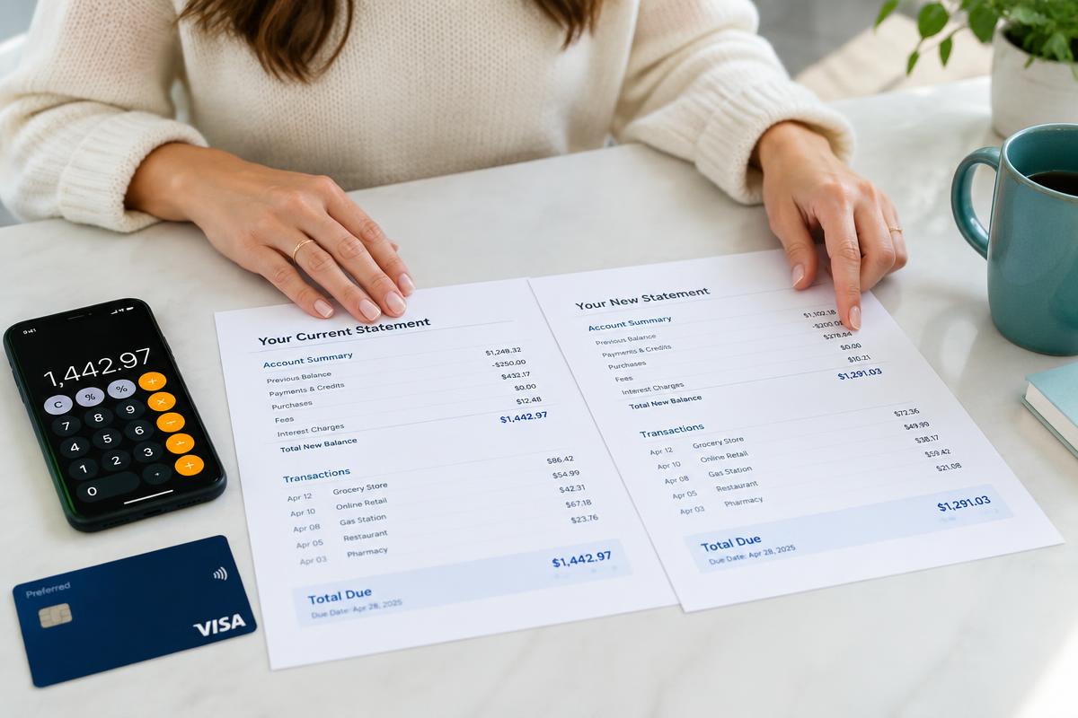 Comparing two credit card statements side by side with a calculator